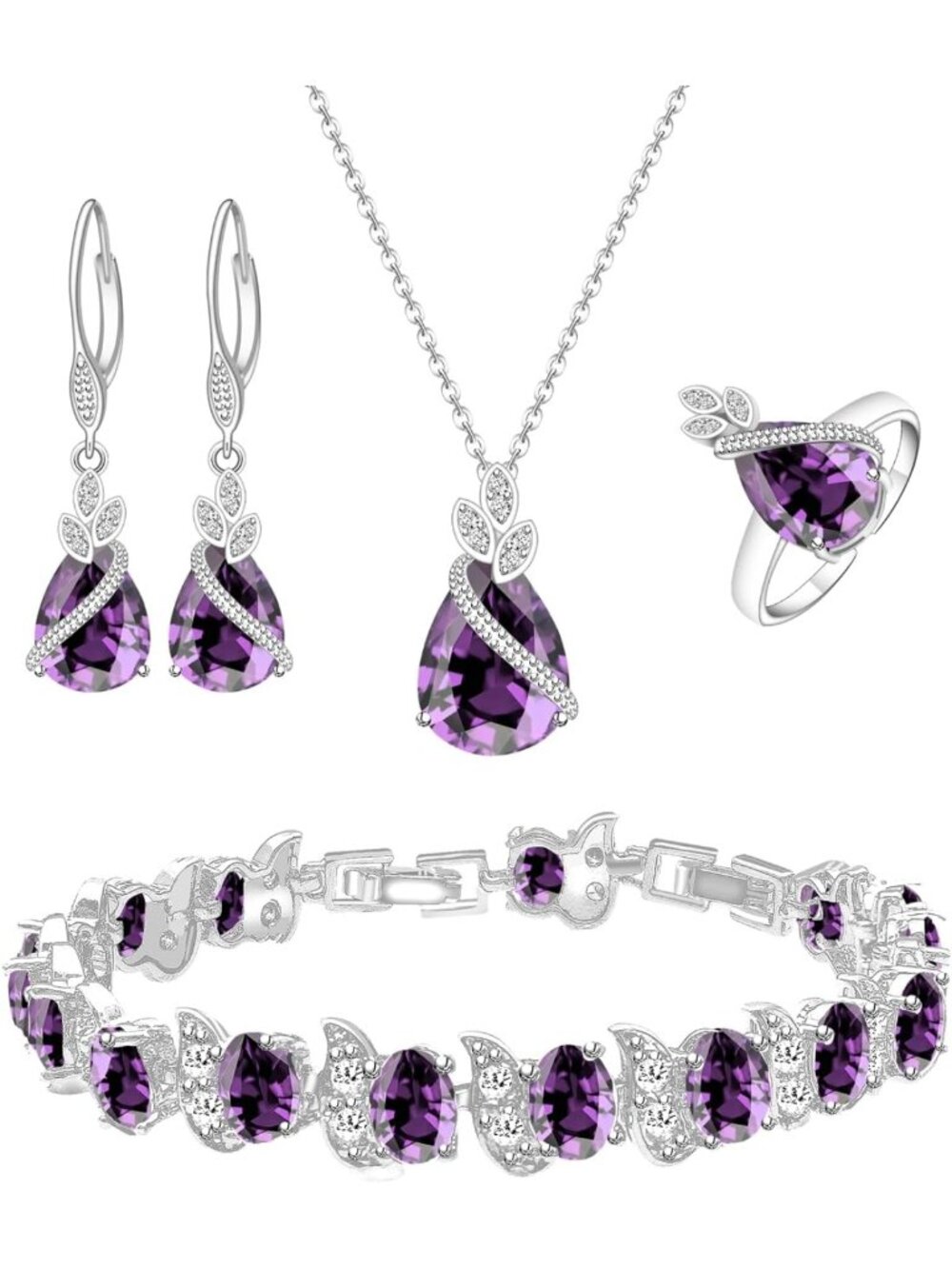 Elegant Teardrop Cubic Zirconia Jewelry Set for Women - Necklace, Earrings, Ring